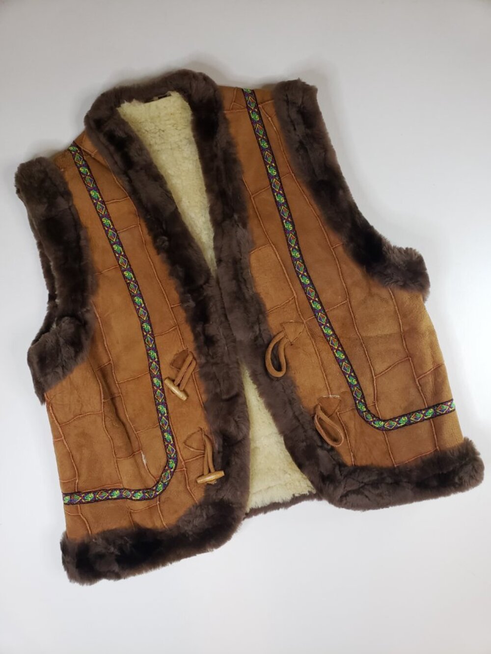 Vintage 60s 70s Afghan Patchwork Suade Vest Shearling Boho Western Men Unisex